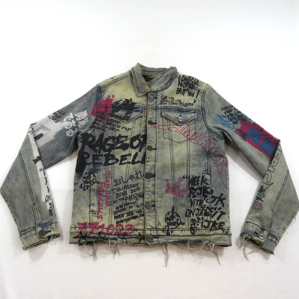 Majestik Rebel Rebellion Lion Leopard Fleece Lined JEAN JACKET Blue Trucker Sz S